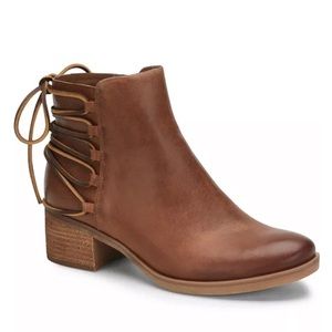 Kork-Ease Brown Leather Ankle Booties with Lace Back Detail